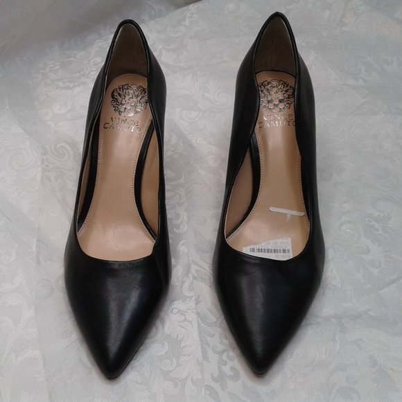 Vince Camuto Jaynita Pointed Toe Scallop 3" Heel Pumps Size 8M Black Leather - Picture 5 of 8